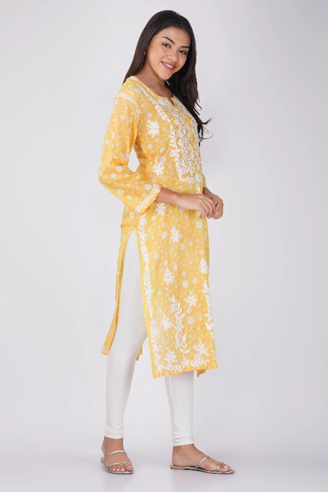 Yellow Malmal Cotton Chikankari Kurti-3.webp